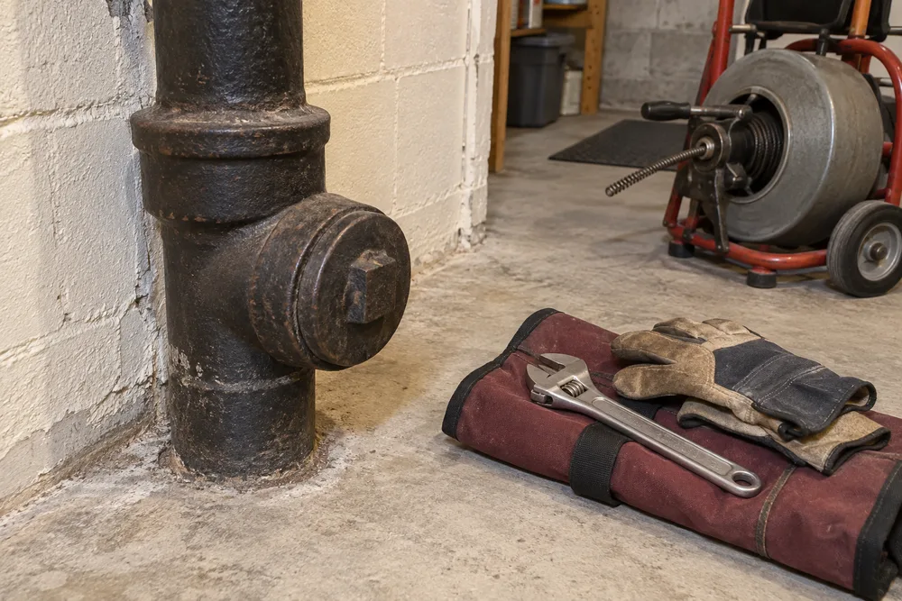 Closed sewer cleanout access beside a basement wall